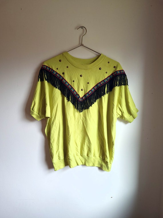 Vintage 1990's Western Beaded / Fringe T-Shirt / - image 9