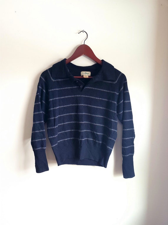 Vintage 1990's LL Bean Wool Polo Sweater / Stripe… - image 1