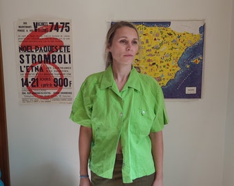 Vintage Boxy Field Gear Linen Blend Green Shirt / Women's M to L / Oversized 1990's