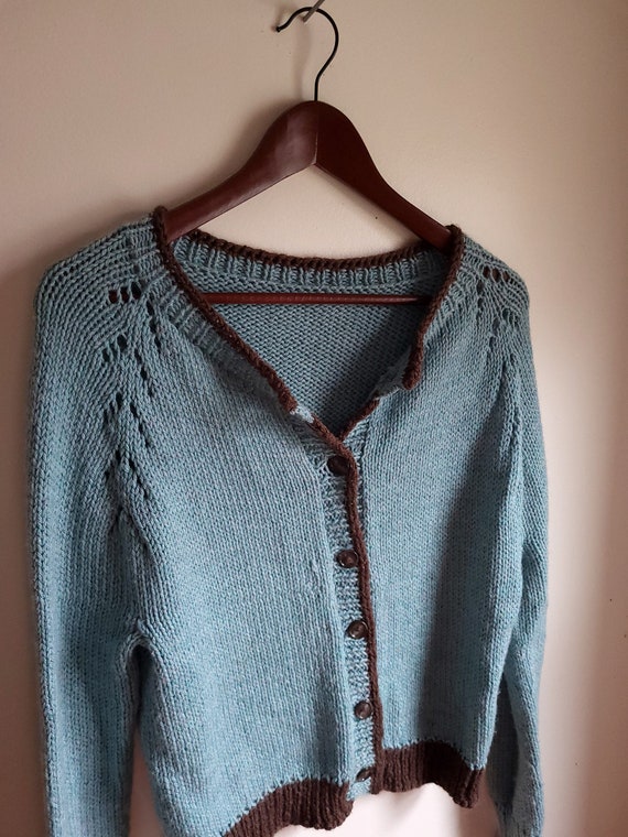 Vintage 1970's Blue Hand Knit Cardigan Sweater / … - image 2
