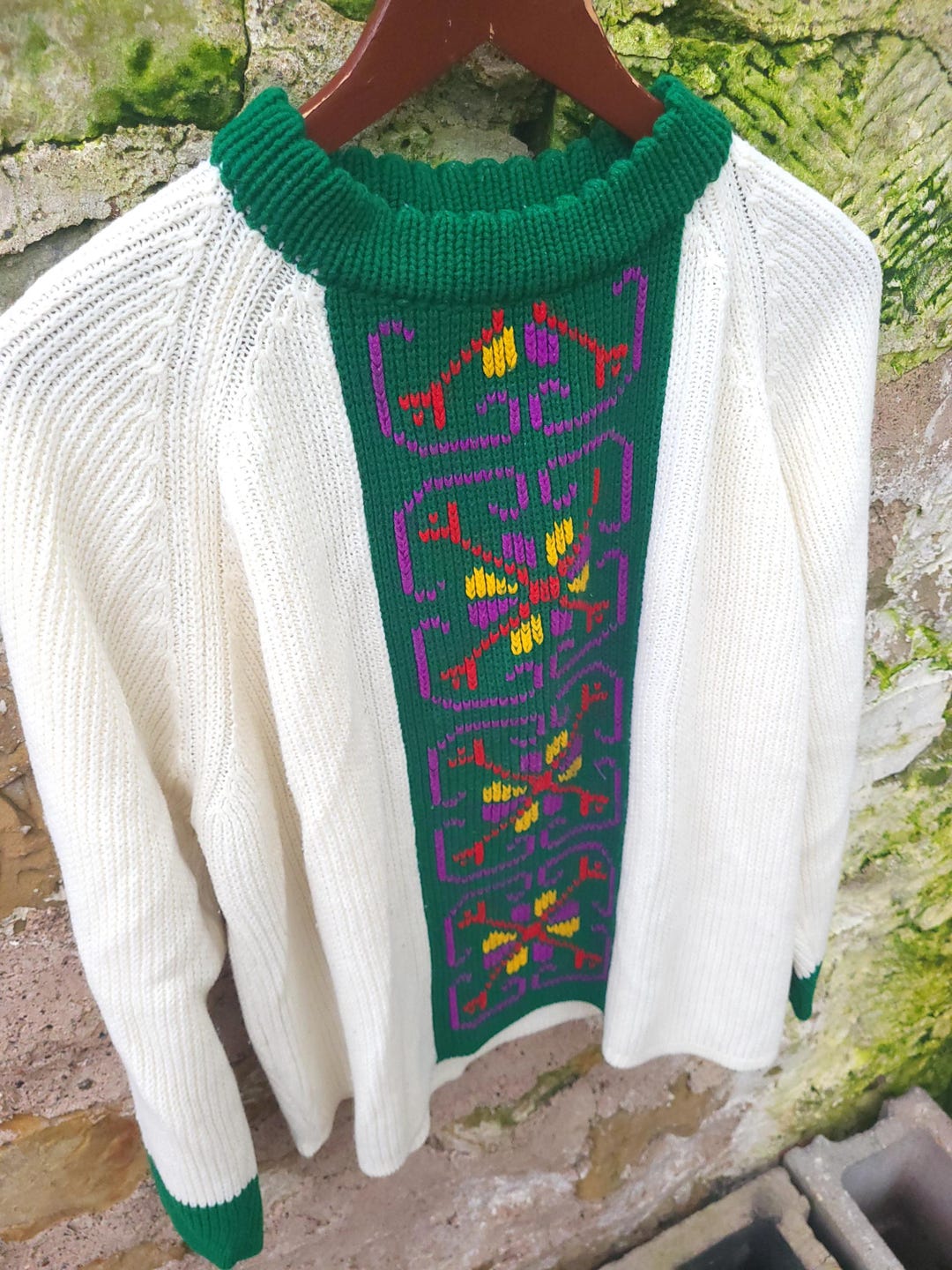 トップス 70s green Acryl knit made in USA Vintage 1970's Acrylic Knit Floral Geometric Patterned Sweater / L