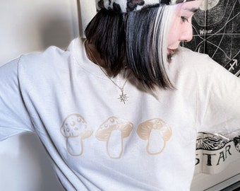 Mushroom Graphic T-Shirt, Witchy Crescent Moon, Beige Vintage Tee