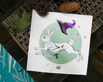 Witchy Bunny Art Print, Kids Room Decor, Fantasy Rabbit (11x11)