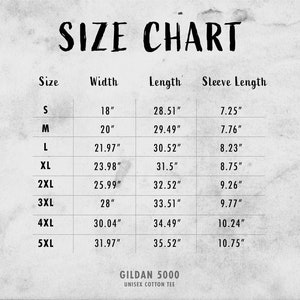 May include: Size chart for a unisex cotton tee shirt, showing measurements in inches for sizes S through 5XL. The chart includes width, length, and sleeve length.