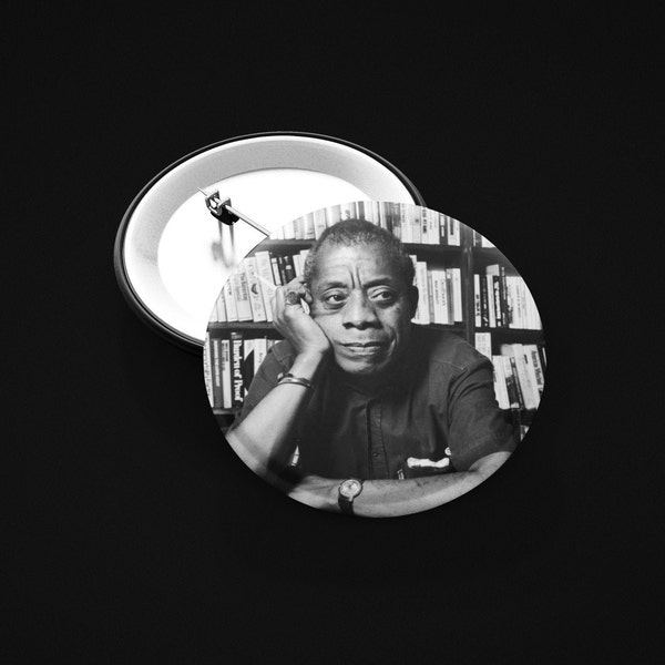 James Baldwin, Author, Activist, Writer in front of Bookcase 1.25" Pinback Button