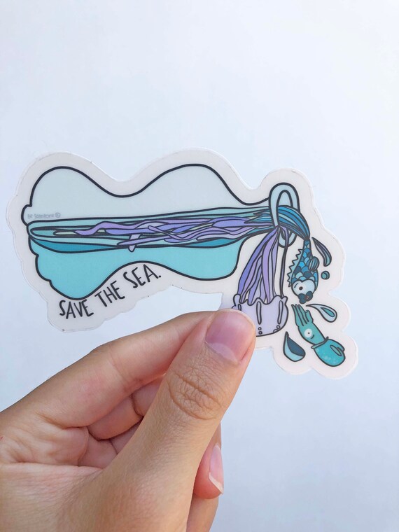 Clean the seas, vinyl sticker, laptop sticker, Jellyfish, eco message art, save our seas, save the earth, student gift, decal, eco gift