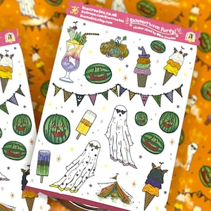 Feuille d'autocollants Summerween | Autocollants d'été effrayants | Ambiance de fête estivale | Jack o' melon, chutes par gravité | Stickers pour journal, scrapbooking