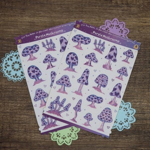 Feuille d'autocollants violets en forme de champignon | Stickers pour agenda en forme de coeur et de champignon | Stickers Journal Cottagecore | Artisanat de la Saint-Valentin | Sticker champignon vénéneux