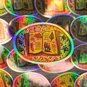 Holographic Journal Sticker: Witchy Nature Book, Vinyl Laptop Decal