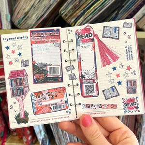 Gelaagde bibliotheekstickers | Dagboekstickers lezen | Stickers planner en plakboek | Bookish stickervel | Sticker vintage bibliotheekkaart