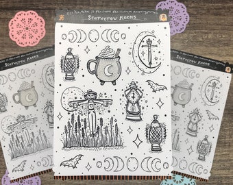 Scarecrow Moon Stickers | Halloween Sticker Sheet | Black and White stickers | Moon stickers, Lanterns, Scarecrows | Spooky Sticker Sheet