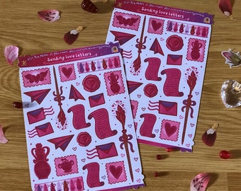 Love Letter Stickers | Love Mail Sticker Sheet | Heart Stamp Planner Stickers |  Valentines Day Journal Stickers | Valentines Crafts