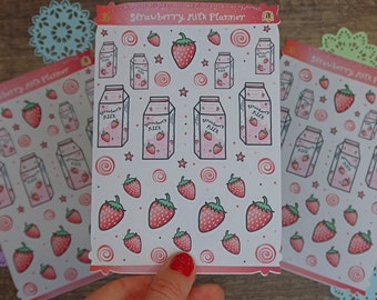 Strawberry Milk Stickers | Strawbwerries Sticker Sheet | Milkshake Stickers | Journal Stickers | Deco Stickers | Pink Sticker Sheet | Kawaii