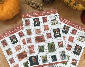 Autumn Stamp Stickers | Fall Postage Stamps | Fall Stickers | Mushrooms & Autumn Leaves | Cute Autumnal Sticker Sheet