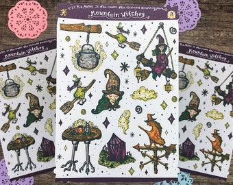Mountain Witch Stickers | Hand-illustrated Witches Sticker Sheet | Hexenwasser, Austria | Traditional Witches, Cauldrons, Broomsticks