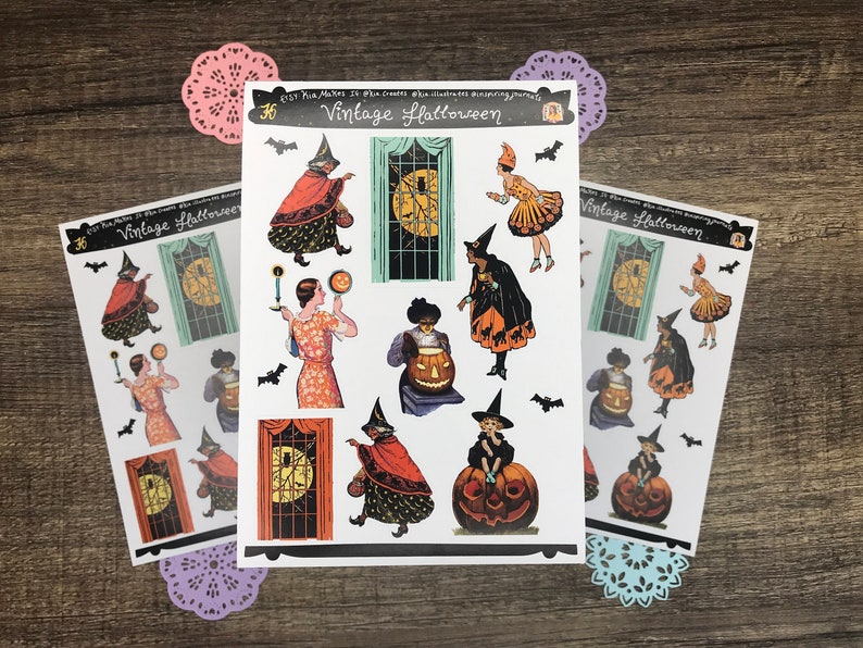 Vintage Halloween Sticker Sheet | Vintage-Style Halloween Stickers | Witches, Halloween Costumes, Full Moon, Bat Stickers | Witchy Stickers 