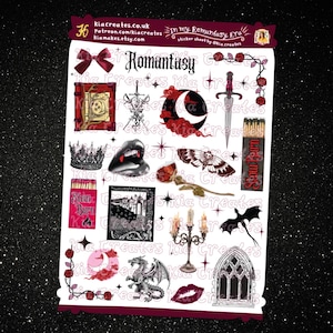May include: A sticker sheet with a fantasy theme. The sheet features a variety of images, including a dragon, a castle, a sword, a crown, a book, a moon, a heart, a moth, a candle, a window, and a set of matches. The sheet is decorated with red roses and stars.