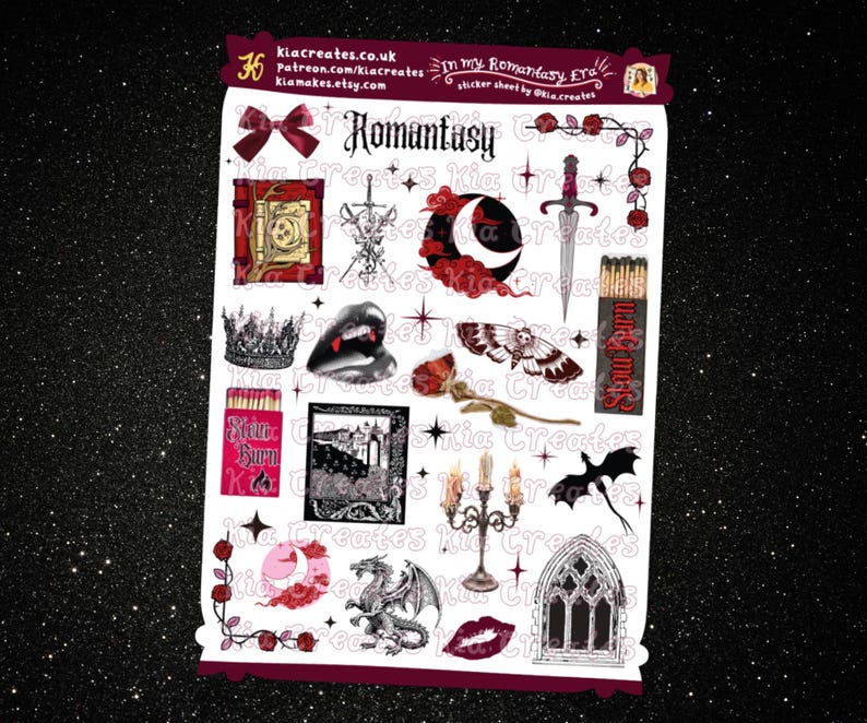 May include: A sticker sheet with a fantasy theme. The sheet features a variety of images, including a dragon, a castle, a sword, a crown, a book, a moon, a heart, a moth, a candle, a window, and a set of matches. The sheet is decorated with red roses and stars.