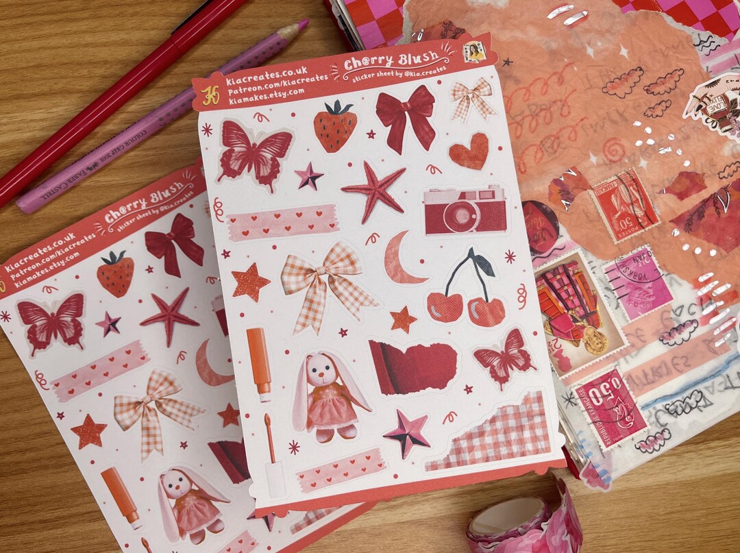 Aesthetic Journal Stickers - Cherry Red Junk Journal Sticker Sheet ...
