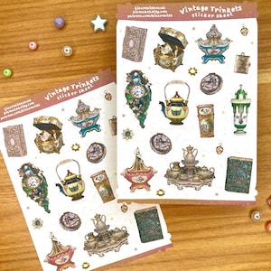 Stickervel vintage snuisterijen | Stickervel antieke voorwerpen | Snuisterijstickers meisjesdagboek | Planner plakboekstickers
