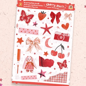Adesivi per diario estetico / Foglio di adesivi per diario spazzatura rosso ciliegia / Adesivi Pinterest con ragazza carina con gingilli / Adesivi per album di ritagli per planner