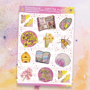 Journal d'autocollants de printemps | Feuille d'autocollants magiques printaniers pour créer un journal indésirable, des agendas, des albums de scrapbooking : autocollants cristaux, miel, oeuvre d'art, abeilles et fleurs