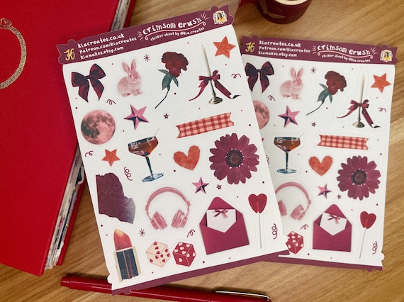 Junk Journal Stickers | Crimson Aesthetic Sticker Sheet | Trinket Girl Pinterest Stickers | Planner Scrapbook Stickers