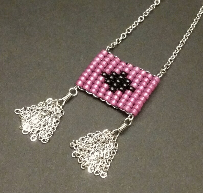 tassel Short necklace weaving seed Miyuki Dyed painted pink and black pearls stainless steel pattern