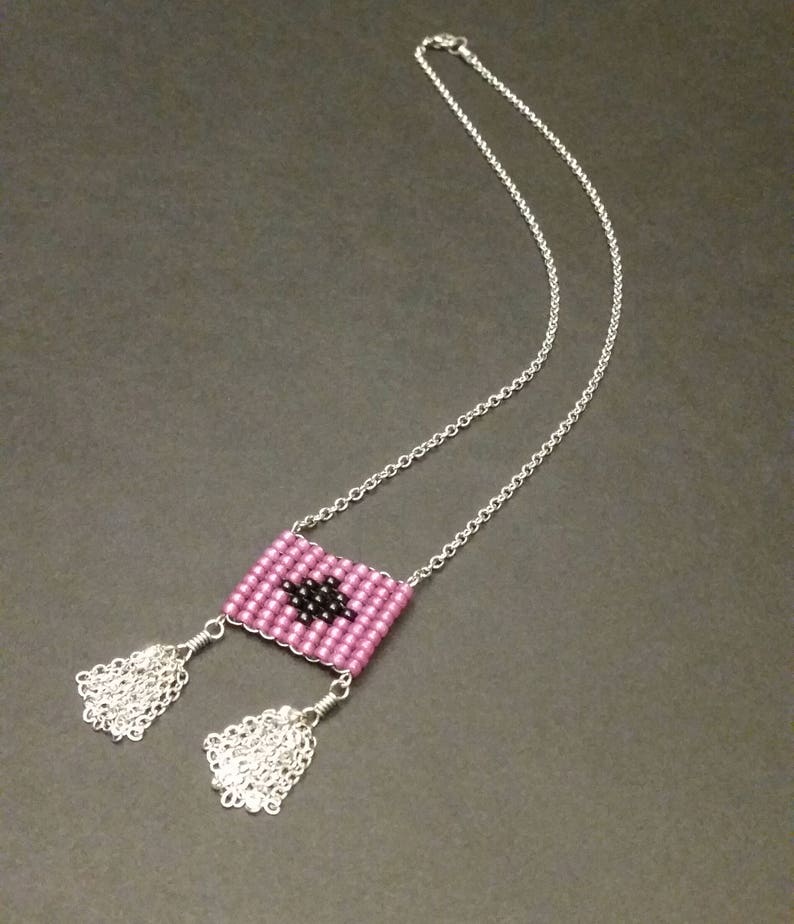 tassel Short necklace weaving seed Miyuki Dyed painted pink and black pearls stainless steel pattern