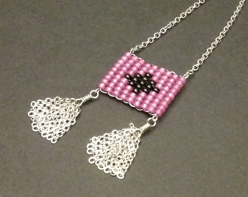 tassel Short necklace weaving seed Miyuki Dyed painted pink and black pearls stainless steel pattern