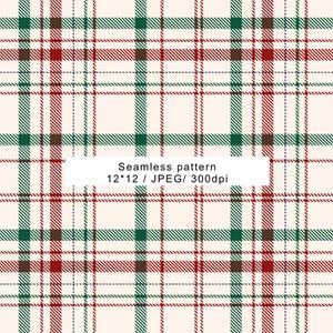 May include: A seamless tartan pattern featuring intersecting red, dark green, and thin black lines on a cream background. A white rectangular overlay in the centre displays the text: Seamless pattern, 12*12 / JPEG/ 300dpi.