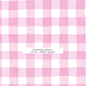 May include: A seamless pattern featuring a pink and white gingham design. The watercolor effect creates a soft, textured look. The image includes the text "Seamless pattern 12*12 / JPEG/ 300dpi" and the Dreamy Castle logo.