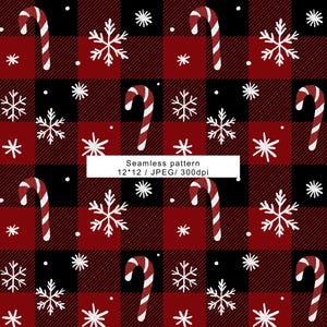 Peut inclure: Un motif de Noël sans couture avec des carrés à carreaux rouges et noirs. Des flocons de neige blancs, de petites étoiles blanches et des cannes en bonbon rouges et blanches sont dispersés sur le motif. Le texte "Seamless pattern 12*12 / JPEG/ 300dpi" est présent.