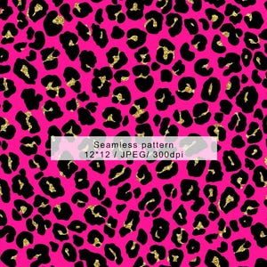 Könnte beinhalten: Nahtloses Muster mit einem leuchtend pinkfarbenen Hintergrund, schwarzen Leopardenflecken und goldenen Glitzerakzenten. Das Bild enthält den Text "Seamless pattern 12*12 / JPEG/ 300dpi". Dieses Design ist für verschiedene Anwendungen geeignet.