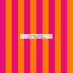 Peut inclure: Motif sans couture avec des rayures verticales roses et oranges vives. Le texte « Motif sans couture 12*12 / JPEG/ 300dpi » est inclus. Ce motif convient à diverses applications.
