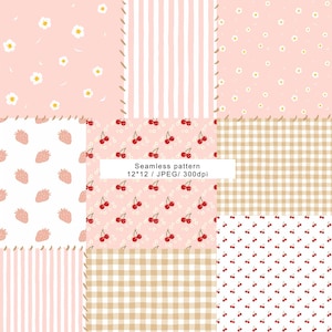 Puede incluir: Una colección de patrones sin costuras en rosa, blanco y beige. Los diseños incluyen margaritas, fresas, cerezas y cuadros vichy. La imagen también incluye rayas verticales y el texto "Seamless pattern 12*12 / JPEG/ 300dpi".