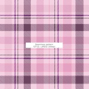 Puede incluir: Un patrón de cuadros sin costuras en tonos rosa, morado y negro. El diseño presenta líneas que se cruzan formando cuadrados y rectángulos. El texto "Seamless pattern 12*12 / JPEG/ 300dpi" se muestra en un rectángulo blanco.