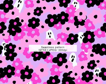 Motivo floreale senza cuciture con fantasma rosa di Halloween, carta digitale rosa shocking con simpatico fantasma di Halloween, fiori rosa neon spettrali kawaii, uso commerciale