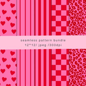Op de afbeelding: Een naadloze patroonbundel met verschillende ontwerpen in roze en rood. Patronen omvatten harten, strepen, een dambord en een luipaardprint. De tekst "seamless pattern bundle 12*12/ jpeg /300dpi" is zichtbaar.