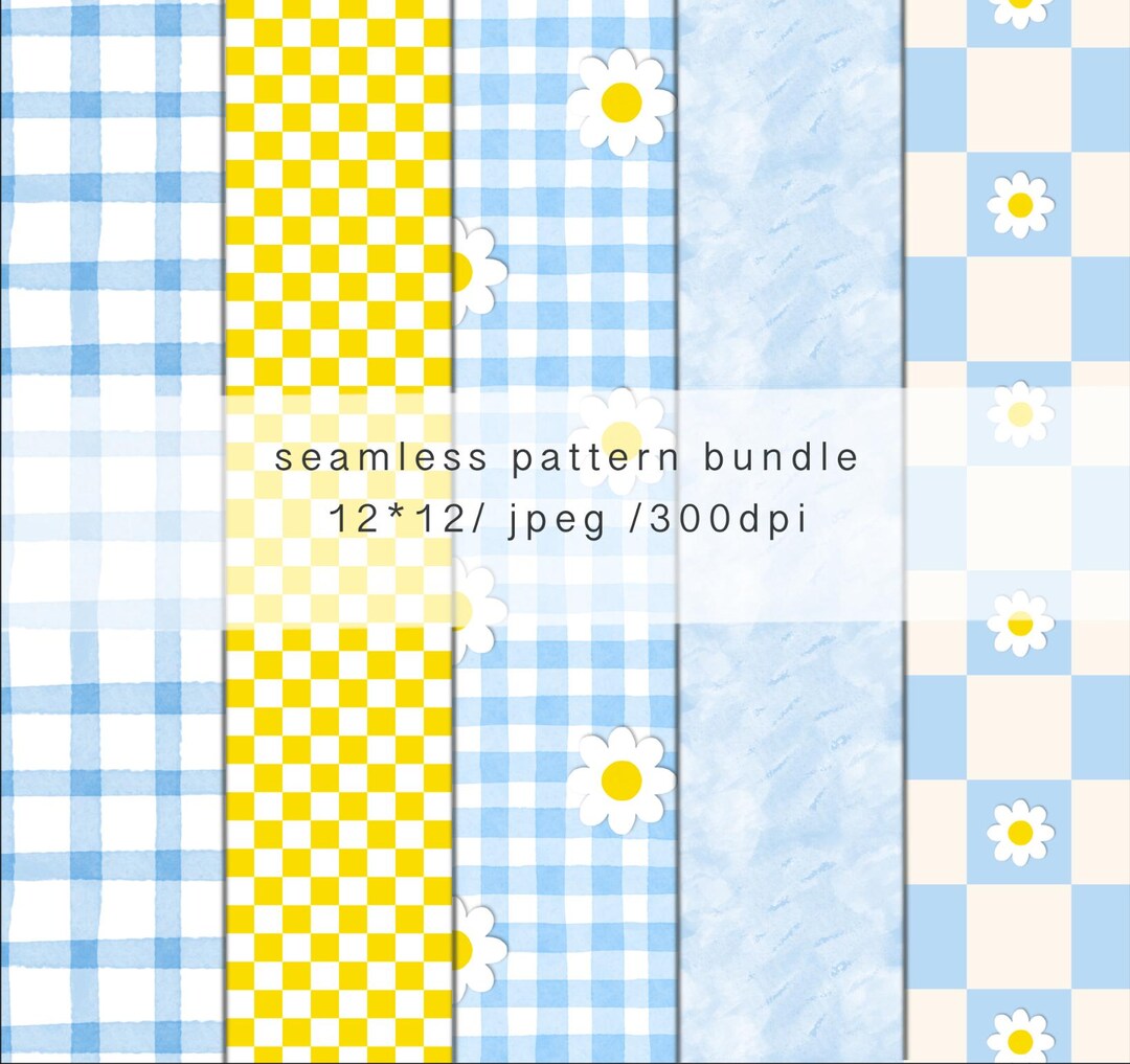 Blue Gingham Daisy Pattern, Watercolor Plaid Pattern Bundle,spring ...