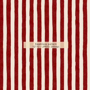 Może przedstawiać: Bezszwowy wzór z pionowymi czerwonymi paskami na kremowym tle. Obraz zawiera tekst "Seamless pattern 12*12 / JPEG/ 300dpi". Projekt przedstawia powtarzający się wzór grubych, ręcznie malowanych pasków.