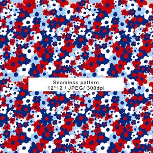 May include: Seamless pattern with red, white, and blue flowers. The pattern is 12 inches by 12 inches and is 300 dpi.