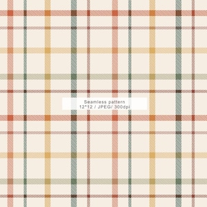 May include: A seamless plaid pattern in a neutral beige colour with intersecting lines in shades of green, orange, yellow, and brown. The text "Seamless pattern 12*12 / JPEG/ 300dpi" is displayed in a white rectangle.