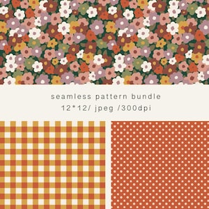 Höstsömlöst mönsterpaket, blommigt med matchande gingham- och prickmönster, digitalt papper, retro höstupprepande mönsterpaket, kommersiellt bruk