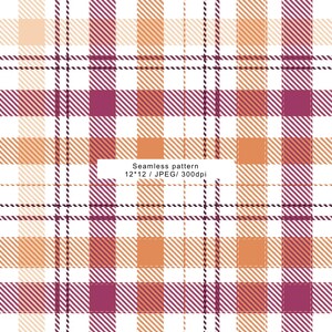 May include: Seamless plaid pattern in shades of orange, purple, and white. The design features a classic grid of intersecting lines and squares. The image includes the text "Seamless pattern 12*12 / JPEG/ 300dpi".