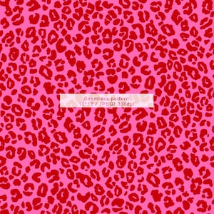 May include: A seamless pattern with a pink base and red leopard print spots. The image includes the text "Seamless pattern 12*12 / JPEG/ 300dpi". This design is suitable for fabric or wallpaper applications.