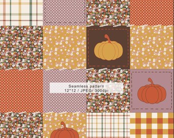 Patrón sin costuras de patchwork de otoño bohemio, cuadros, flores, patrón de guinga para álbumes de recortes, papel digital de patchwork de otoño retro, uso comercial