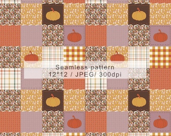 Fall Patchwork Seamless Pattern, Plaid Floral Gingham Digital Paper ,commercial use