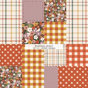 Op de afbeelding: Een naadloos patchworkpatroon met ruitjes, stippen en bloemmotieven in warme tinten. De tekst "Seamless pattern 12*12 / JPEG/ 300dpi" is zichtbaar.