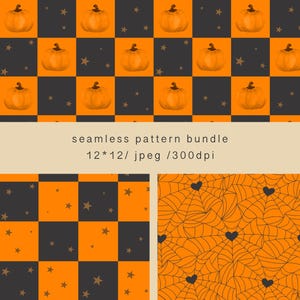 Könnte beinhalten: Ein nahtloses Musterpaket mit Halloween-Designs. Die Muster zeigen orangefarbene Kürbisse auf einem schwarz-orangen karierten Hintergrund, Sterne und Spinnennetze mit schwarzen Herzen. Der Text "seamless pattern bundle 12*12/ jpeg /300dpi" ist ebenfalls enthalten.